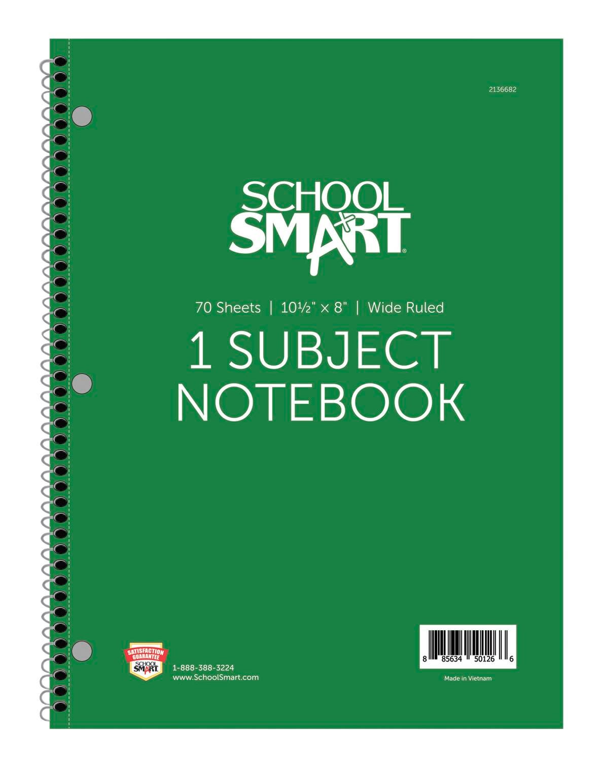 School Smart Wide Ruled Spiral Notebook, 8 x 10-1/2 Inches, 1 Subject, Green, 70 Sheets 2136682